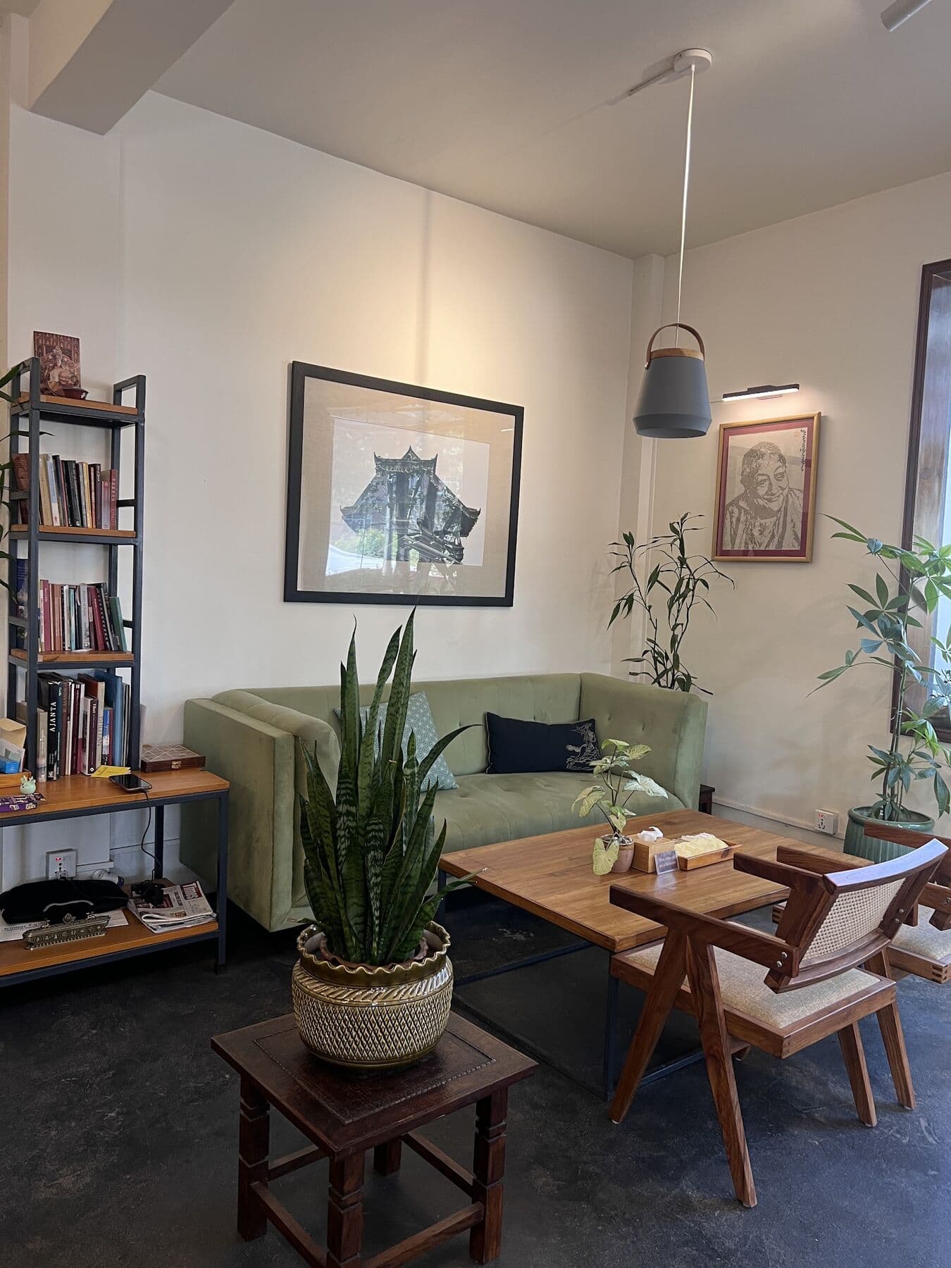 A corner indoors with a green sofa, plants and a shelf of books